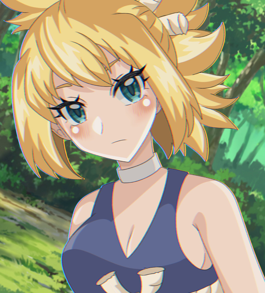 1girl, bangs, bare_arms, blonde_hair, blue_dress, blue_eyes, blush, breasts, closed_mouth, commentary_request, dr._stone, dress, forest, frown, green_eyes, highres, kohaku_(dr._stone), looking_at_viewer, nature, ponytail, shiki_(kisikisi1007), solo, tree, upper_body