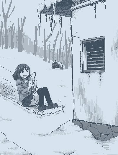 1girl, bare_tree, blazer, bolo_tie, building, crosshatching, hamsterfragment, hatching_(texture)