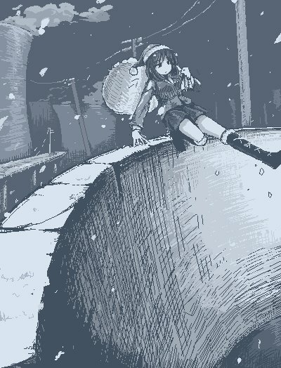 1girl, attempted_suicide, blazer, boots, closed_mouth, cooling_tower, crosshatching, fur-trimmed_boots, fur-trimmed_footwear, fur_trim, hamsterfragment, hat, hatching_(texture), imminent_death, jacket, jaggy_line, knee_boots, long_sleeves, medium_hair, monochrome, nuclear_reactor, original, outdoors, power_lines, sack, santa_hat, school_uniform, skirt, snow, snowing, solo, suicidal_girl_(hamsterfragment), utility_pole, wide_shot