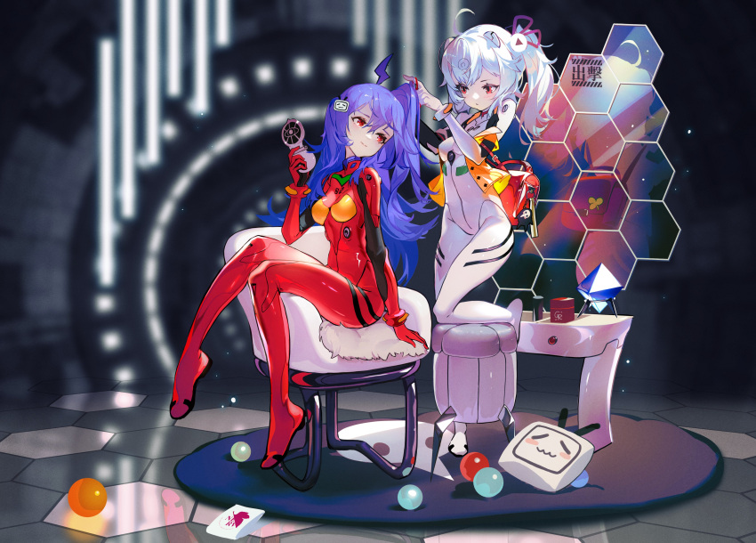 2girls, absurdres, adjusting_hair, ahoge, armchair, ayanami_rei, ayanami_rei_(cosplay), bili_girl_22, bili_girl_33, bilibili_douga, blue_hair, bodysuit, breasts, cellphone, chair, character_request, cosplay, english_commentary, flip_phone, full_body, grandia_lee, hexagon, highres, light_smile, long_hair, looking_at_another, medium_hair, multiple_girls, neon_genesis_evangelion, nerv, phone, play_button_(object), plugsuit, rebuild_of_evangelion, red_bodysuit, sitting, skin_tight, small_breasts, souryuu_asuka_langley, souryuu_asuka_langley_(cosplay), stool, test_plugsuit, twintails, wall_panel, white_hair