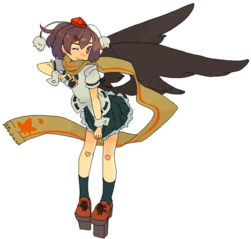 1girl, ;3, arm_up, bangs, beige_scarf, black_legwear, black_neckwear, black_ribbon