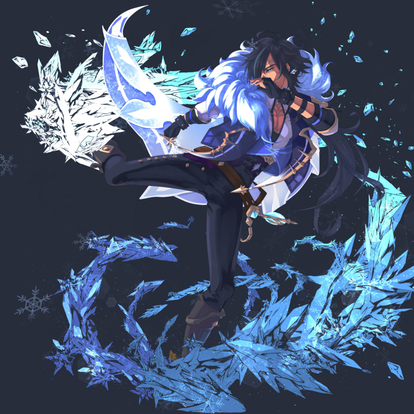 1boy, bangs, black_gloves, black_pants, blue_eyes, blue_hair, boots, brown_footwear, commentary_request, dark-skinned_male, dark_skin, earrings, eyepatch, fingerless_gloves, fur_trim, genshin_impact, gloves, highres, ice, jacket, jewelry, kaeya_(genshin_impact), kicking, leg_up, long_hair, looking_at_viewer, male_focus, pants, pectorals, simple_background, single_earring, snowflakes, solo, sparkle, vision_(genshin_impact), waka2011