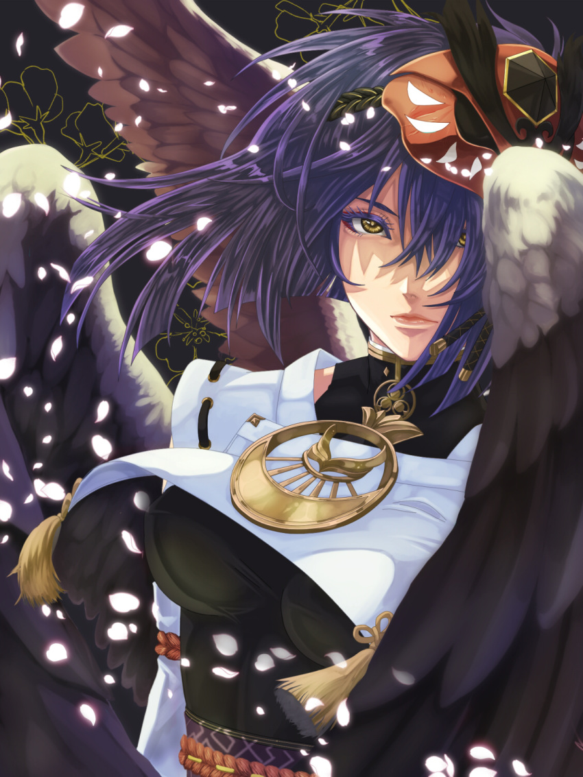 1girl, bangs, bird_mask, bird_wings, black_bodysuit, bob_cut, bodysuit, breasts, commentary_request, expressionless, feathered_wings, genshin_impact, hair_over_one_eye, highres, japanese_clothes, jewelry, kujou_sara, large_breasts, lips, looking_at_viewer, mask, mask_on_head, purple_eyelashes, purple_hair, short_hair, sidelocks, solo, tassel, waka2011, wings, yellow_eyes