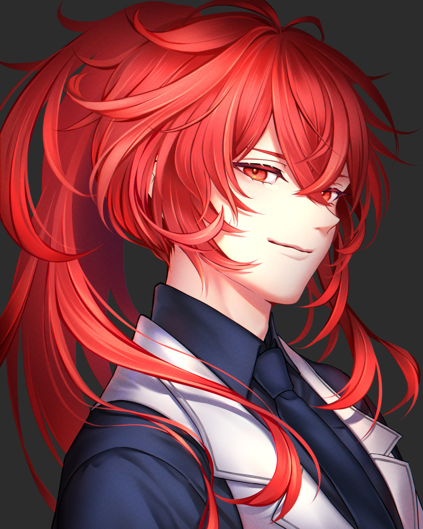 1boy, ahoge, alternate_costume, bangs, black_background, black_neckwear, black_shirt, commentary_request