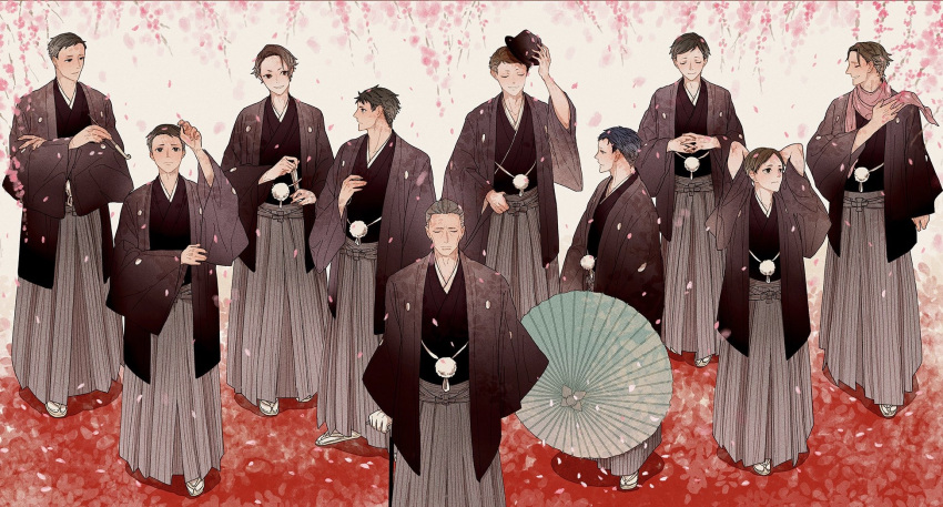 6+boys, amari_(joker_game), black_hair, black_headwear, black_kimono, brown_hair, closed_eyes, crossed_arms