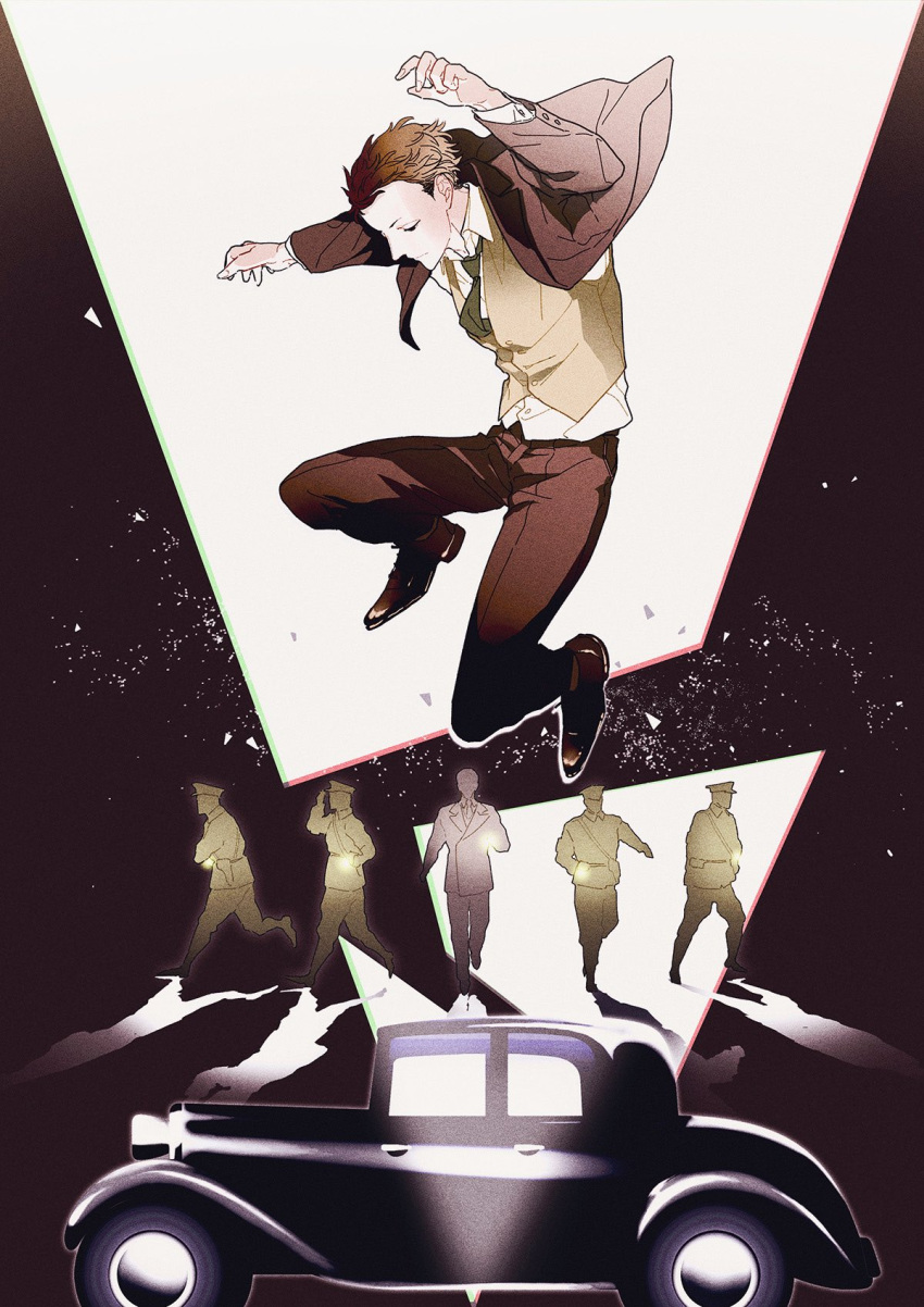 6+boys, arms_up, black_footwear, black_suit, brown_hair, car, character_request, falling, ground_vehicle, highres, iamumi, joker_game, male_focus, military, military_uniform, motor_vehicle, multiple_boys, necktie, pants, shadow, short_hair, solo_focus, two-tone_background, uniform, vest