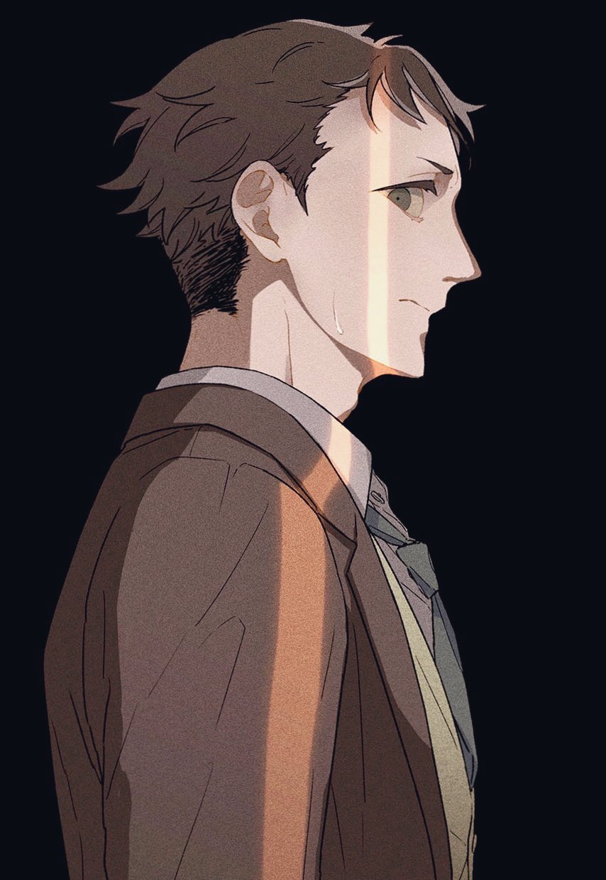 1boy, black_background, brown_hair, brown_suit, character_request, grey_eyes, grey_neckwear, highres