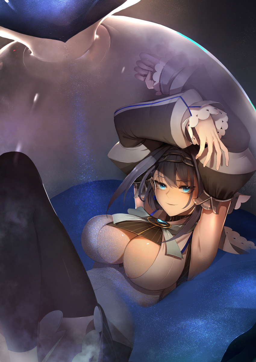 1girl, absurdres, arms_up, blue_eyes, blue_hair, breasts, detached_sleeves, highres