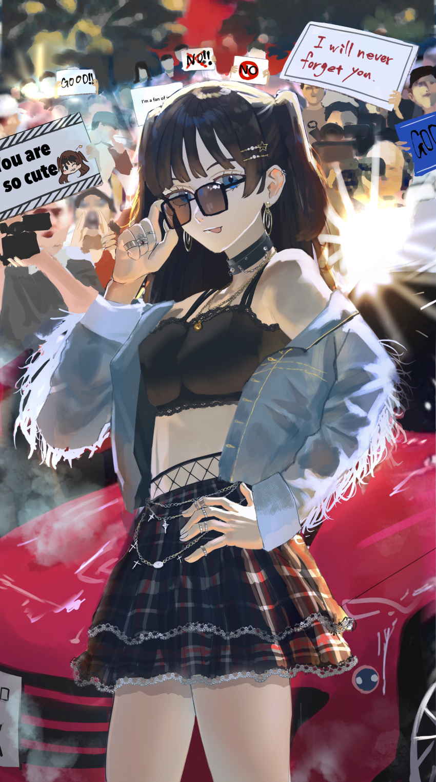 1girl, absurdres, air_(airzzz_), bangs, black_choker, black_hair, blue_eyes, blue_jacket, camera_flash, car, choker, cowboy_shot, cross, earrings, english_text, fishnets, ground_vehicle, hair_ornament, hairclip, hand_on_hip, hand_up, highres, huge_filesize, jacket, jewelry, long_hair, looking_at_viewer, midriff, motor_vehicle, navel, necklace, original, plaid, plaid_skirt, ring, skirt, solo_focus, sunglasses, tongue, tongue_out