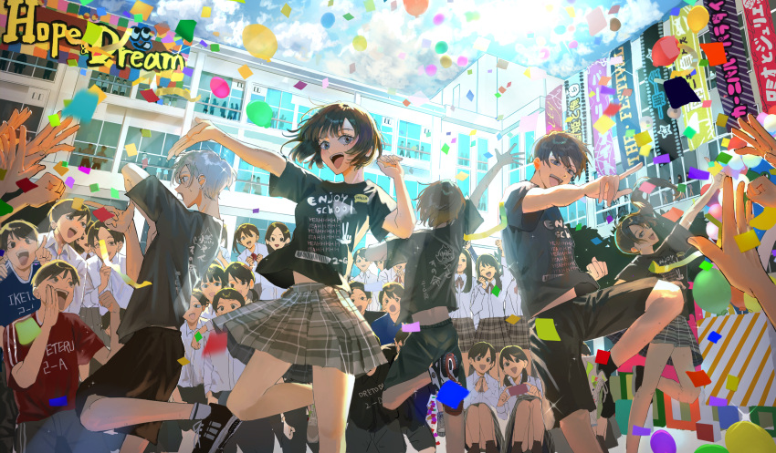 6+boys, 6+girls, absurdres, air_(airzzz_), arms_up, balloon, bangs, black_hair