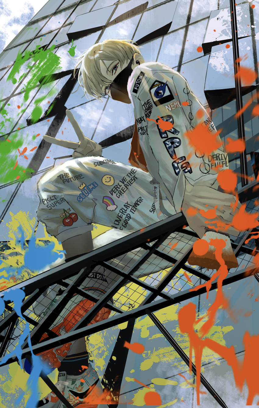 1boy, absurdres, air_(airzzz_), black_hair, black_mask, blue_sky, building, clouds