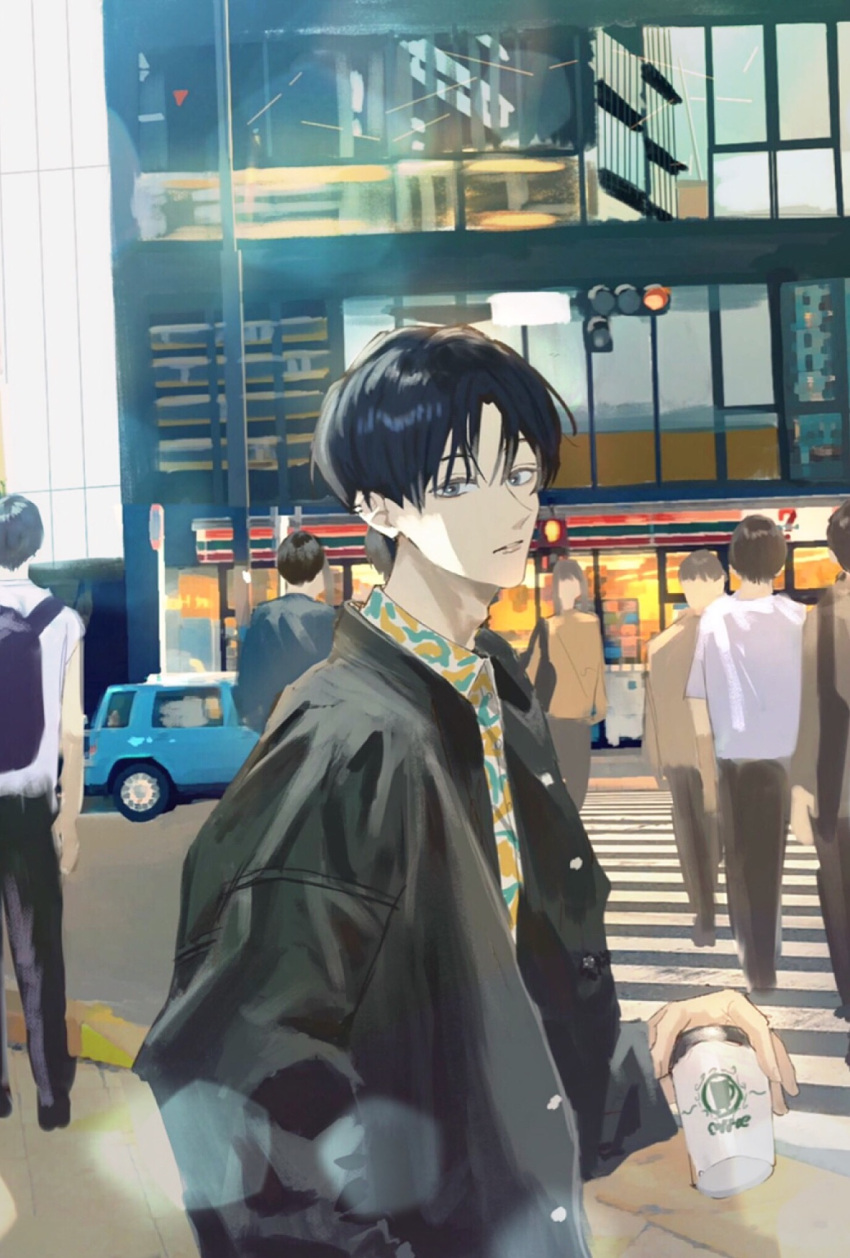 1boy, air_(airzzz_), backpack, bag, bangs, black_bag, black_coat, black_hair, building, car, coat, crosswalk, day, ground_vehicle, highres, holding, lens_flare, motor_vehicle, original, outdoors, print_shirt, shirt, short_hair, solo_focus, standing, traffic_light, upper_body, white_shirt