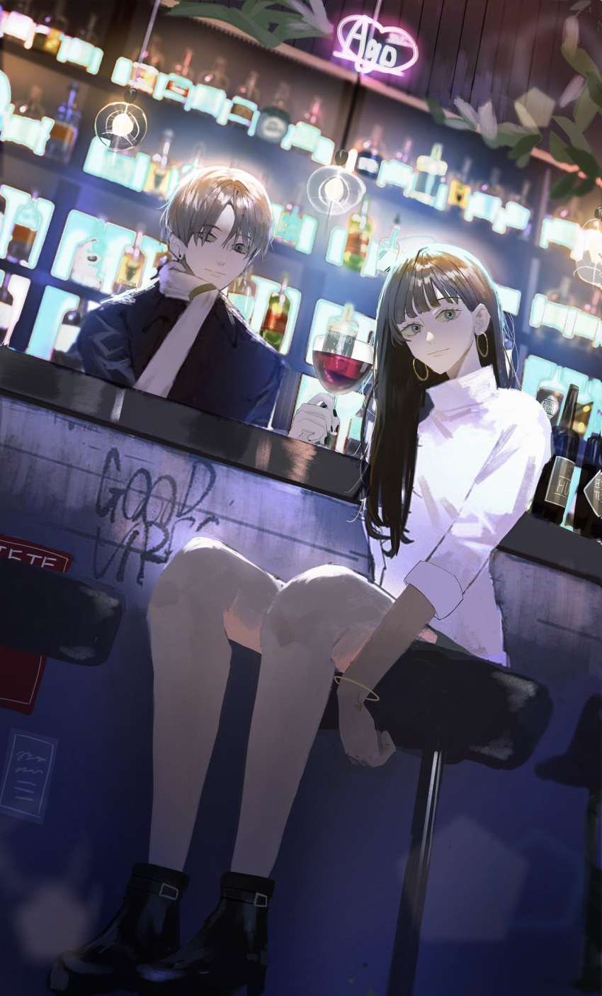 1boy, 1girl, air_(airzzz_), bangs, bar, bar_stool, black_footwear, black_hair, black_shirt, bottle, cup, grey_hair, head_rest, highres, holding, holding_cup, indoors, long_hair, long_sleeves, original, shelf, shirt, short_hair, sitting, stool, white_shirt