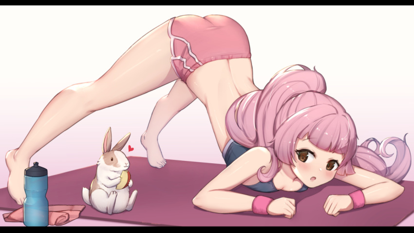 1girl, animal, apple_slice, bangs, bare_legs, bare_shoulders, barefoot, blunt_bangs