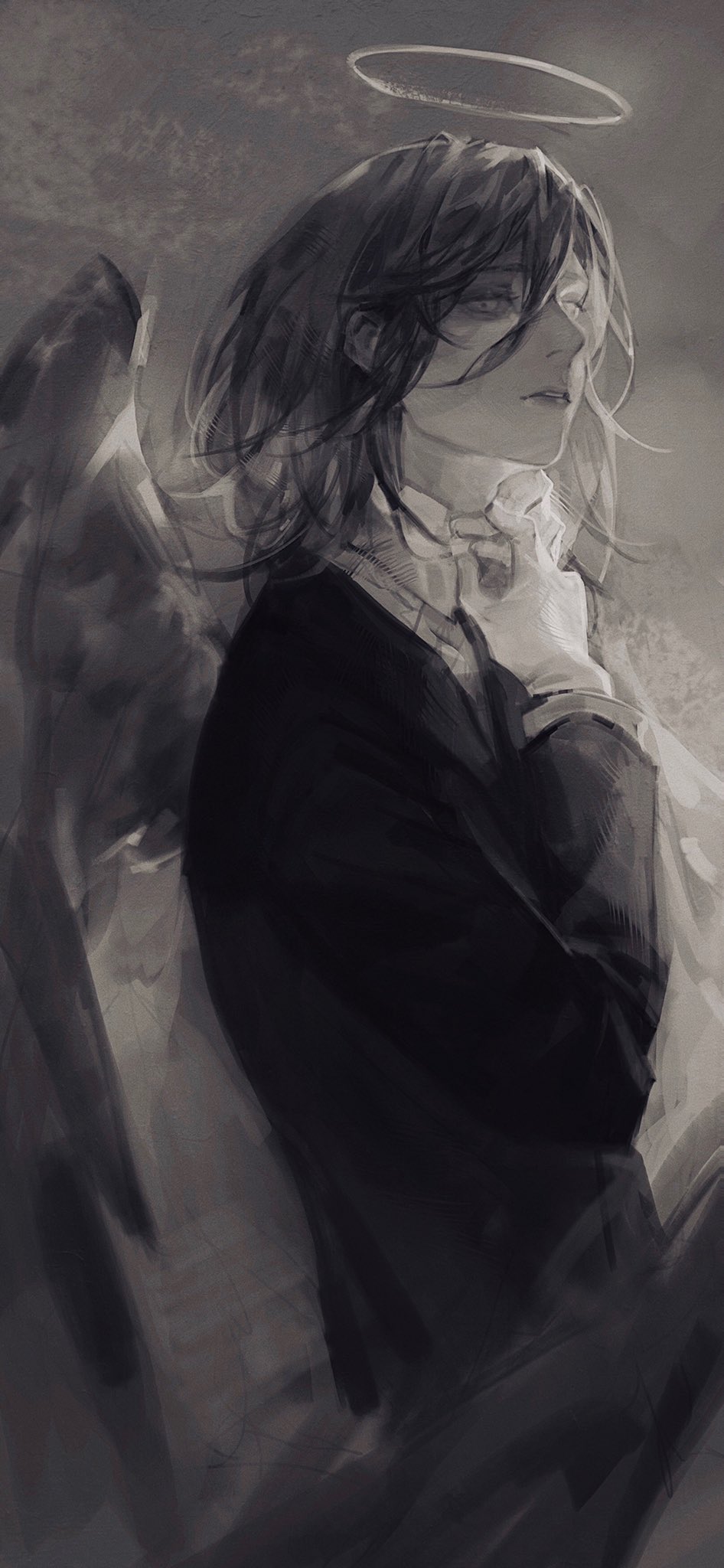 1boy, androgynous, angel_devil_(chainsaw_man), angel_wings, black_suit, chainsaw_man, collared_shirt, formal
