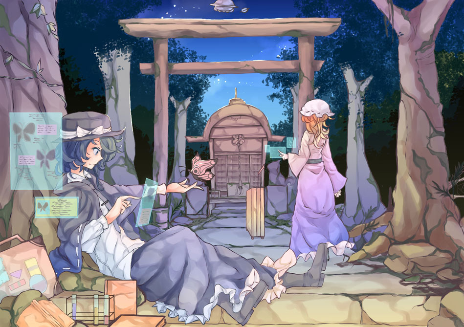 2girls, black_hair, black_skirt, boots, bug, butterfly, capelet, dress