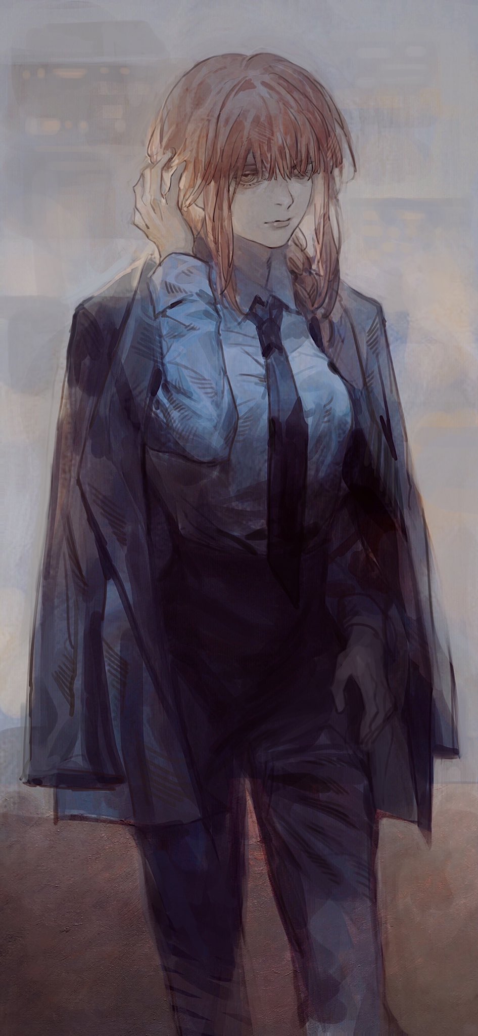 1girl, @_@, bangs, black_coat, black_neckwear, black_pants, chainsaw_man, coat, collared_shirt, formal, hair_over_eyes, hair_tucking, hand_on_own_thigh, high-waist_pants, highres, makima_(chainsaw_man), medium_hair, necktie, pants, redhead, shirt, solo, sukiri, walking, white_shirt