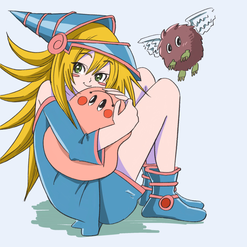 1girl, bangs, blonde_hair, blue_background, blue_footwear, blush, boots, dark_magician_girl, eyebrows_visible_through_hair, feathered_wings, green_eyes, highres, holding, long_hair, long_sleeves, looking_at_viewer, marshmallon, shadow, smile, solo, user_ezfe5532, white_wings, winged_kuriboh, wings, yu-gi-oh!