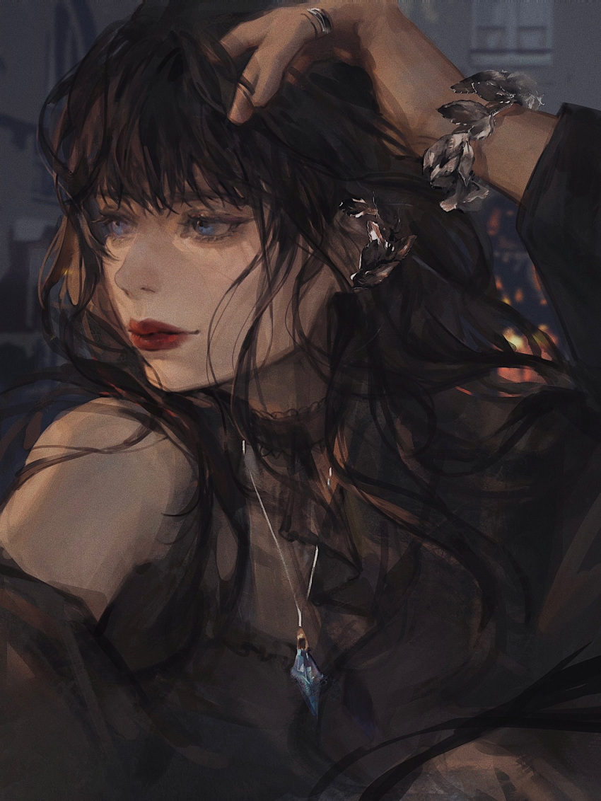 1girl, bangs, bare_shoulders, black_dress, black_hair, blue_eyes, bracelet, choker