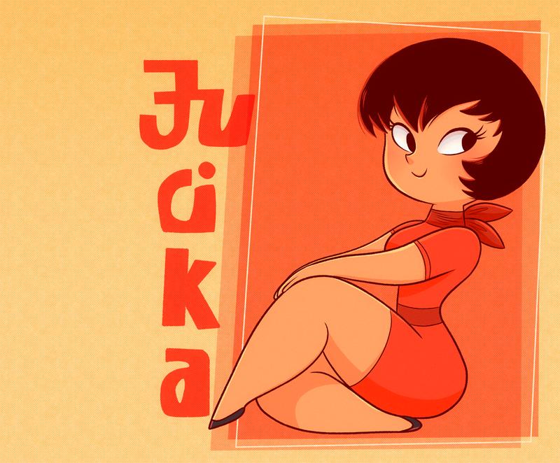 1girl, black_footwear, black_hair, blush, bob_cut, dress, jucika, jucika_(comic)
