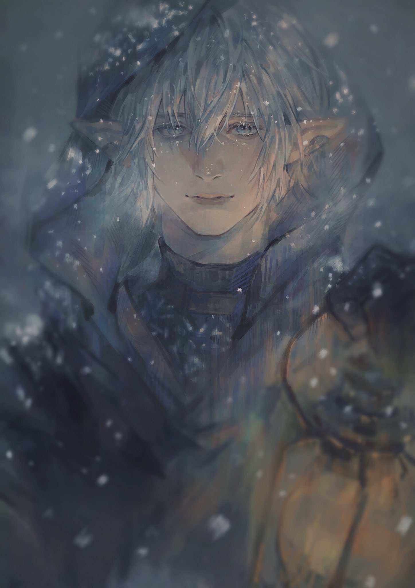 1boy, black_gloves, blue_cloak, blue_eyes, cloak, ear_clip, elezen, elf