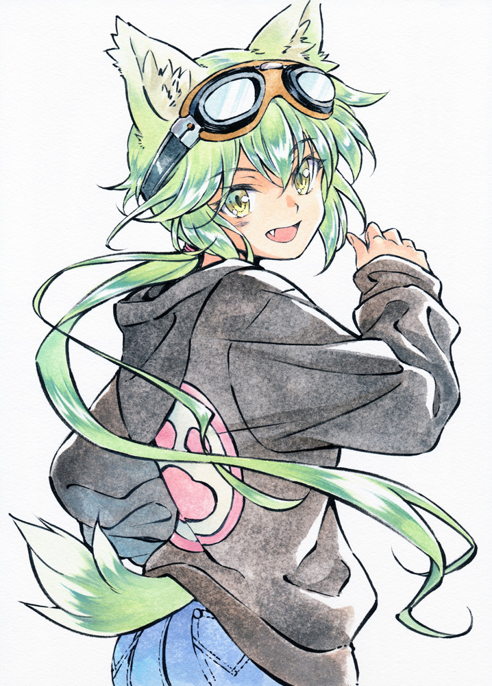 1girl, agahari, animal_ears, calligraphy_pen_(medium), denim, dog_ears, dog_tail, fang