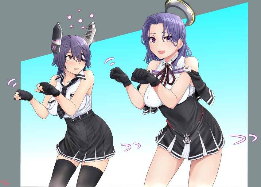 2girls, absurdres, black_gloves, black_legwear, black_neckwear, black_skirt, blush, breasts