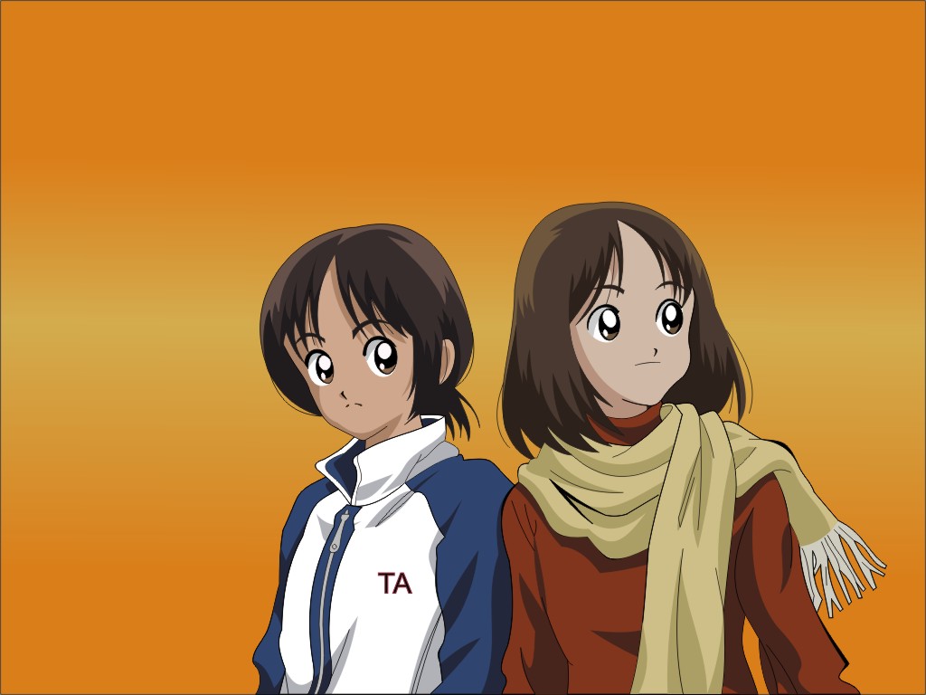 2girls, brown_eyes, brown_hair, cross_game, multiple_girls, scarf, sweater, tagme