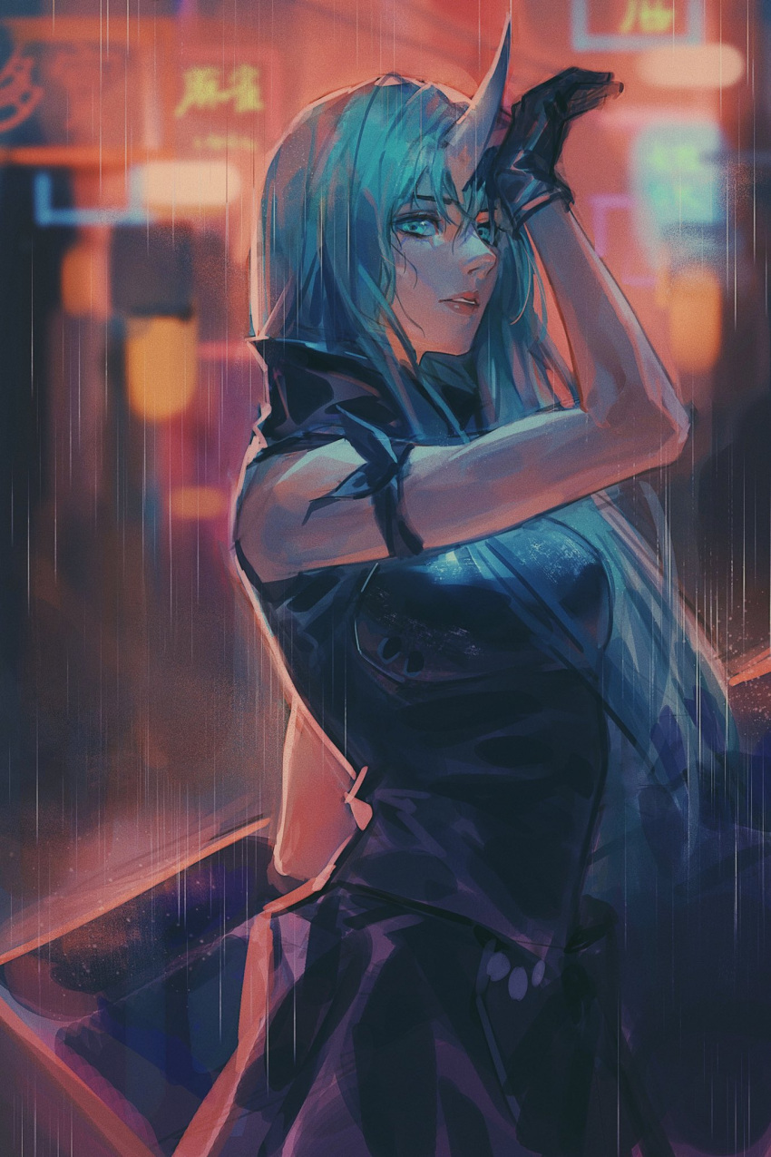 1girl, arknights, arm_ribbon, black_gloves, black_jacket, black_shirt, blue_eyes, blue_hair