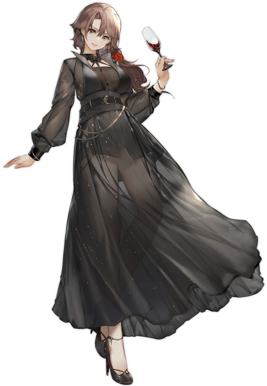 1girl, alcohol, azur_lane, black_dress, black_footwear, brown_hair, cup, dress