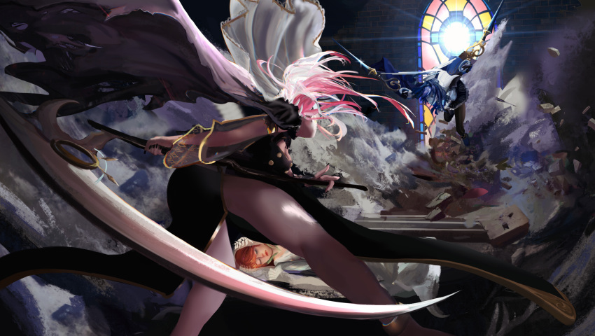 3girls, blade, blue_eyes, blue_hair, bow, cathedral, clothing_cutout, destruction