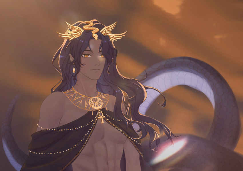 1boy, absurdres, angel, ankh, azik_eggers, bare_pectorals, black_hair, chinese_commentary, commentary_request, crown, dark_skin, earrings, gold_earrings, gold_necklace, highres, jewelry, long_hair, looking_at_viewer, lord_of_the_mysteries, necklace, pectorals, scales, shanque574, slit_pupils, snake_tail, solo, sunlight, tail, wings, yellow_eyes