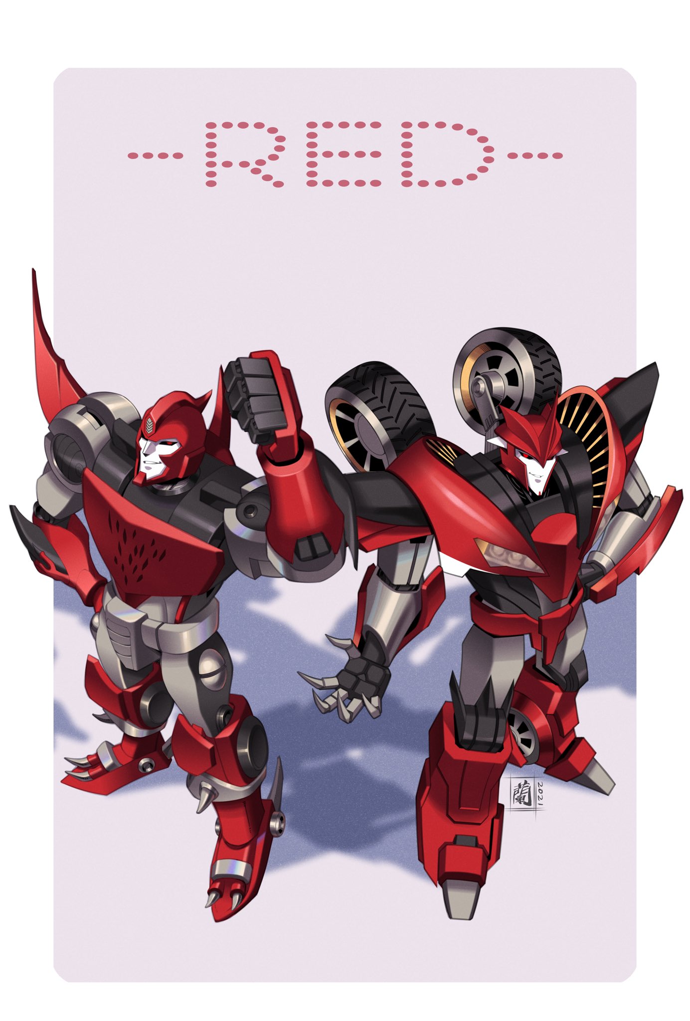 2boys, beast_wars, beast_wars:_transformers, black_sclera, clenched_hand, color_connection, colored_sclera, decepticon, highres, knockout_(transformers), lantana0_0, looking_up, mecha, multiple_boys, no_humans, open_hand, predacon, red_eyes, red_theme, science_fiction, shadow, smirk, terrorsaur, transformers, transformers_prime