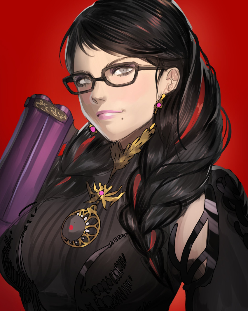 armpit_cutout, bayonetta, bayonetta_(series), bayonetta_3, braid, clothing_cutout, glasses, gun