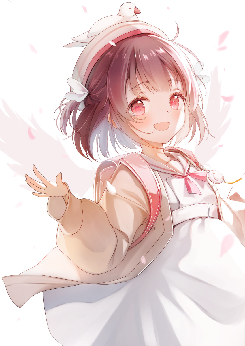 1girl, :d, animal_on_head, arinko_kotsunko, backpack, bag, beige_jacket, bird