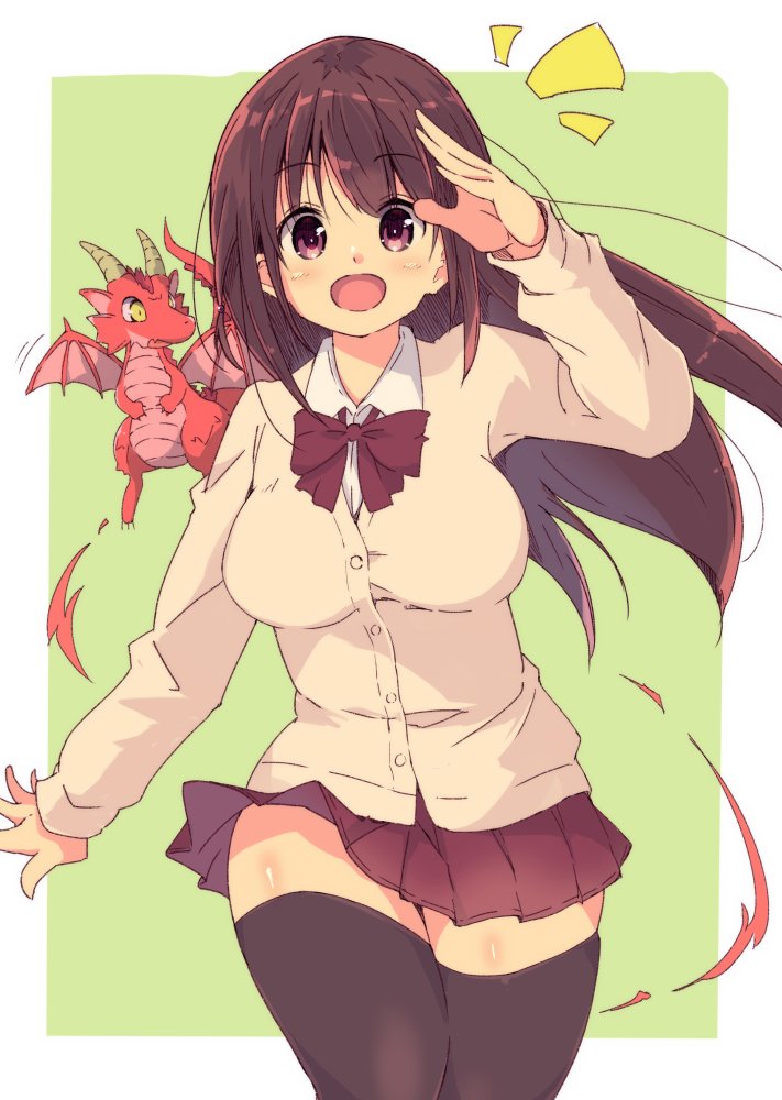 1girl, achiga_school_uniform, bangs, black_legwear, border, bow, bowtie, brown_hair, cardigan, commentary, cowboy_shot, dragon, dress_shirt, green_background, long_hair, looking_at_viewer, matsumi_kuro, miniskirt, multiple_girls, notice_lines, open_mouth, outside_border, pleated_skirt, red_neckwear, red_skirt, saki, saki_achiga-hen, salute, school_uniform, shirt, skirt, smile, solo, standing, thigh-highs, tom_q_(tomtoq), violet_eyes, white_border, white_shirt, wing_collar, yellow_cardigan