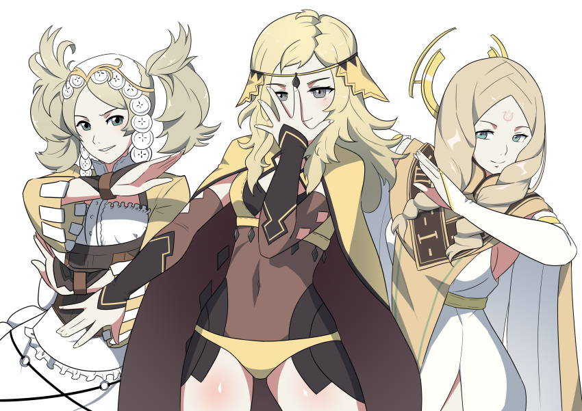 3girls, absurdres, bangs, blonde_hair, bodystocking, breasts, cape, commission, commissioner_upload, dab_(dance), eighteenetzel, emmeryn_(fire_emblem), fire_emblem, fire_emblem_awakening, fire_emblem_fates, grandmother_and_granddaughter, hair_ornament, headdress, highres, lissa_(fire_emblem), long_hair, medium_breasts, multiple_girls, ophelia_(fire_emblem), siblings, sisters