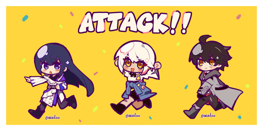 1boy, 2girls, :<, :d, :o, bangs, black_gloves, black_pants