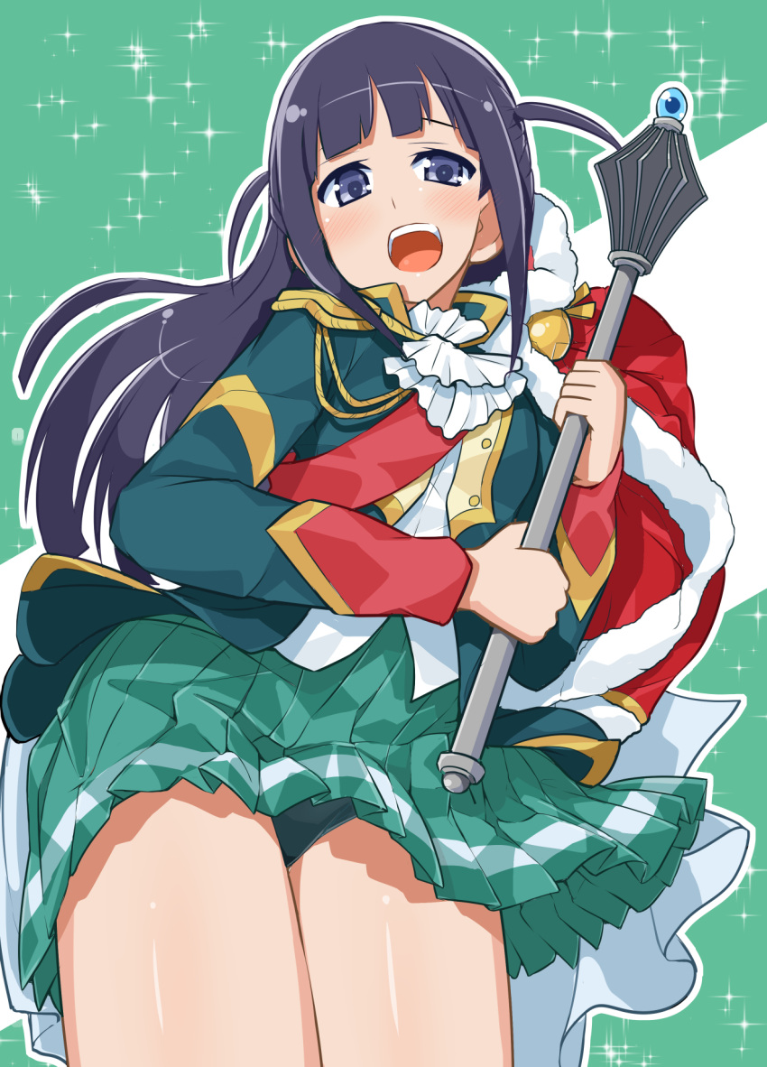 (mashio), 1girl, bangs, black_hair, blue_eyes, blunt_bangs, blush, cowboy_shot, epaulettes, formal, green_background, highres, holding, holding_weapon, jacket, long_hair, mace, open_mouth, panties, pantyshot, pleated_skirt, sash, shoujo_kageki_revue_starlight, simple_background, skirt, solo, sparkle, thighs, tsuyuzaki_mahiru, underwear, uniform, weapon