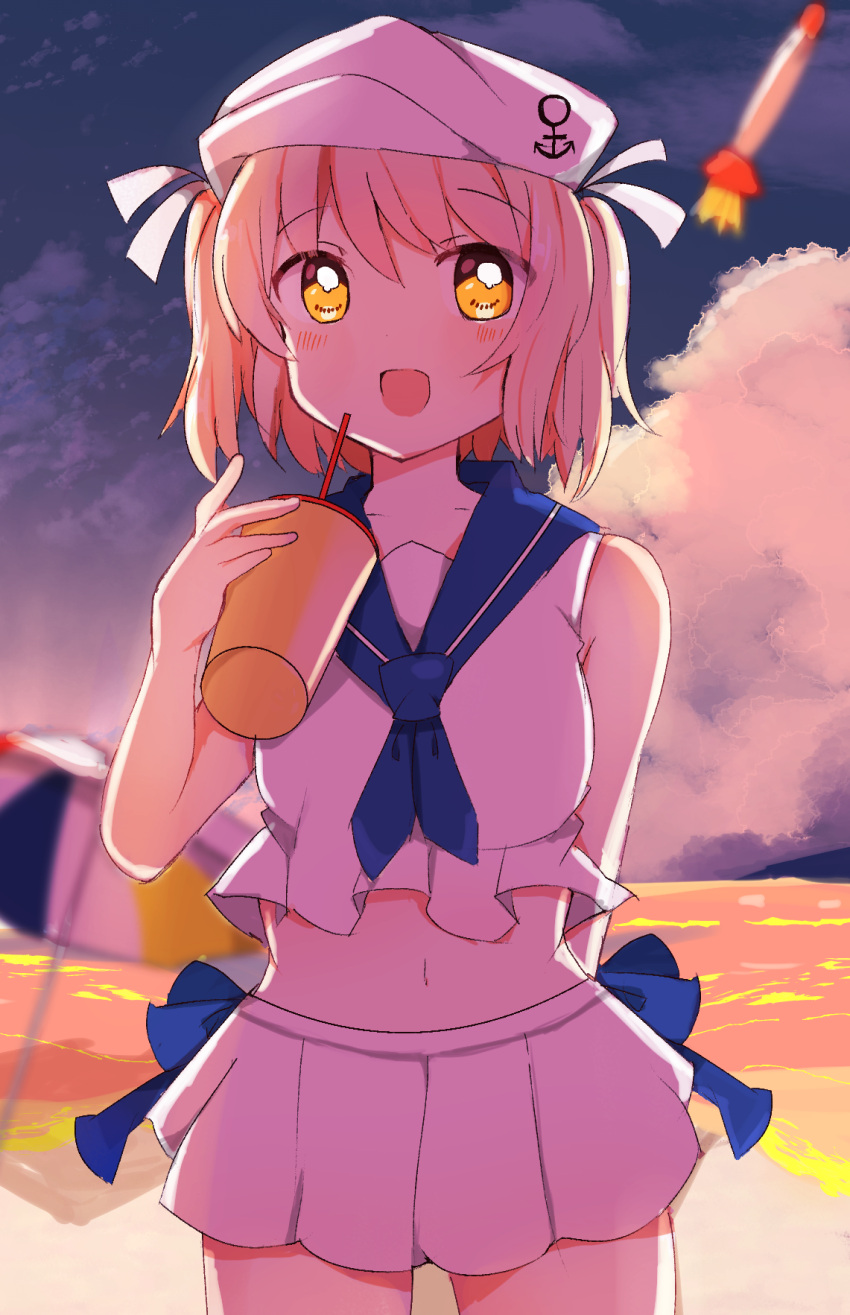 1girl, anchor_symbol, beach, beach_umbrella, blonde_hair, blue_sailor_collar, bow, clouds