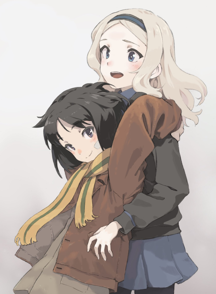 2girls, aleksandra_i._pokryshkin, arms_up, bandage_on_face, bandages, black_hair, black_legwear, blonde_hair