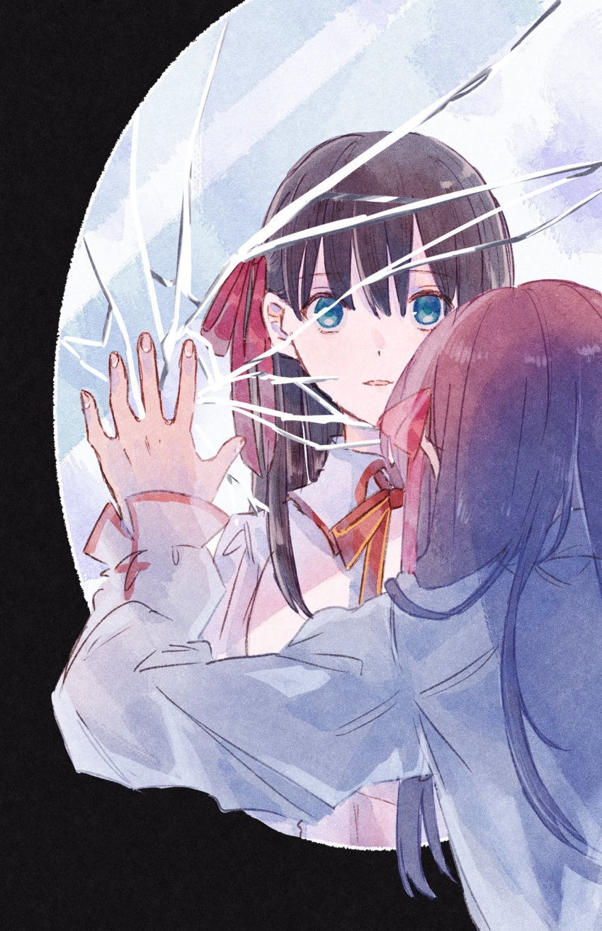 1girl, alternate_universe, bangs, black_background, black_hair, blue_eyes, broken_mirror, crack