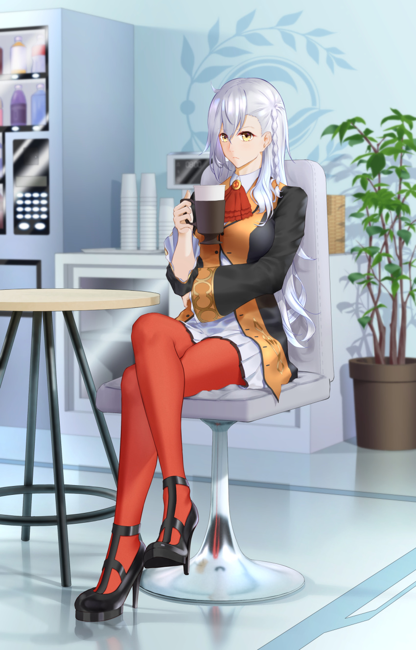 1girl, absurdres, arm_around_waist, ascot, ash_(skyafter), black_footwear, braid, chair, coffee_cup, crossed_legs, cup, disposable_cup, fate/grand_order, fate_(series), frilled_sleeves, frills, grey_hair, hair_between_eyes, high_heels, highres, jacket, long_hair, looking_at_viewer, olga_marie_animusphere, pantyhose, plant, potted_plant, red_legwear, side_braid, skirt, solo, table, vending_machine, wicker_basket, wide_sleeves, yellow_eyes