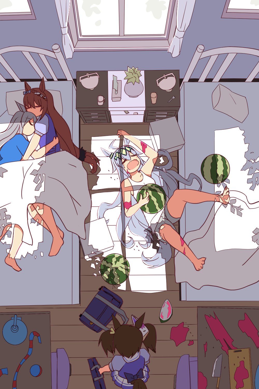 4girls, animal_ears, bed, blanket, blue_shirt, brown_hair, closed_eyes, commentary_request, cuddling, food, from_above, fruit, grey_hair, highres, horse_ears, horse_girl, horse_tail, inari_one_(umamusume), indoors, long_hair, multiple_girls, no_mouth, oguri_cap_(umamusume), on_floor, open_mouth, paint, purple_shirt, purple_skirt, school_uniform, shirt, skirt, sleeping, super_creek_(umamusume), tail, tamamo_cross_(umamusume), tank_top, twintails, umamusume, wahiko_(black_bastard), watermelon, white_tank_top, window, yuri