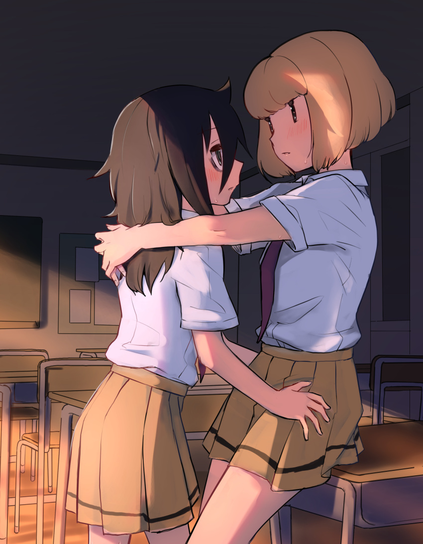 2girls, absurdres, bags_under_eyes, black_hair, blonde_hair, blush, chair, classroom, desk, hair_between_eyes, highres, hug, kuroki_tomoko, long_hair, medium_hair, multiple_girls, necktie, nokonoko_(a0dddd), pleated_skirt, school_chair, school_desk, school_uniform, shirt, short_hair, single_stripe, skirt, uchi_emiri, watashi_ga_motenai_no_wa_dou_kangaetemo_omaera_ga_warui!, yuri