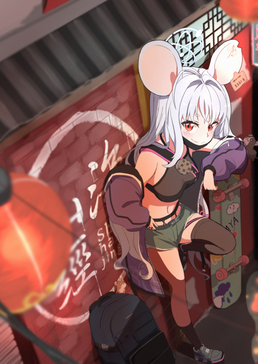 absurdres, against_wall, animal_ears, bag, blue_archive, blush, breasts, casual