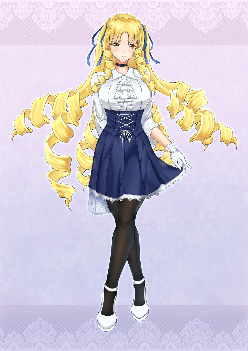 1girl, absurdres, ash_(skyafter), black_choker, blonde_hair, blue_ribbon, breasts, choker
