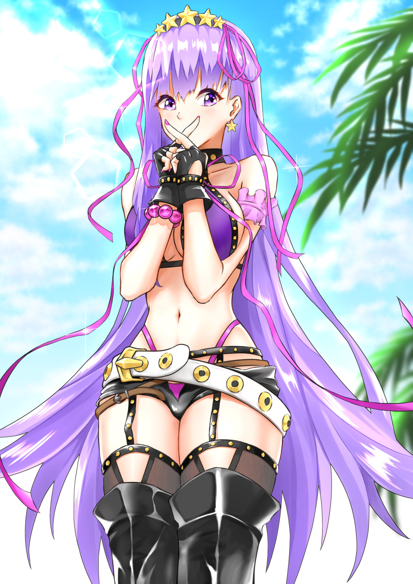 1girl, absurdres, ash_(skyafter), bb_(fate), bb_(swimsuit_mooncancer)_(fate), belt, blue_sky, boots, breasts, clouds, earrings, fate/grand_order, fate_(series), fingerless_gloves, from_below, gloves, highres, jewelry, large_breasts, long_hair, navel, palm_tree, pink_ribbon, purple_hair, ribbon, short_shorts, shorts, sky, solo, star_(symbol), star_earrings, thigh-highs, thigh_boots, thighs, tree, very_long_hair, violet_eyes, white_belt, x_fingers