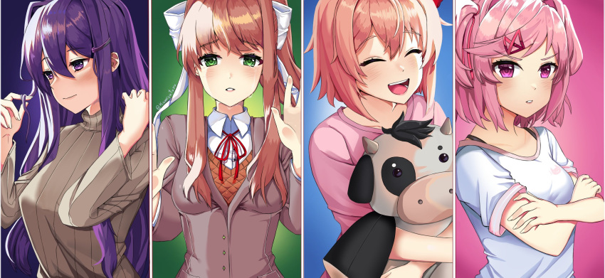 4girls, bangs, blazer, blue_eyes, bow, breasts, brown_hair, brown_jacket