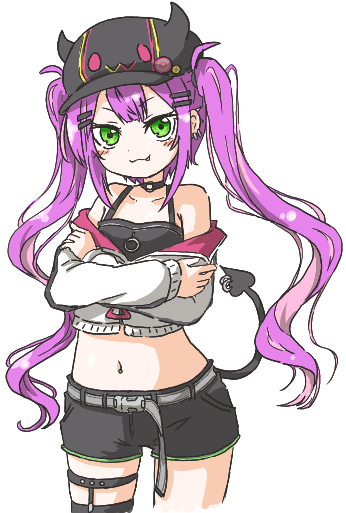 1girl, :3, belt, black_shorts, choker, cowboy_shot, cropped_jacket, crossed_arms